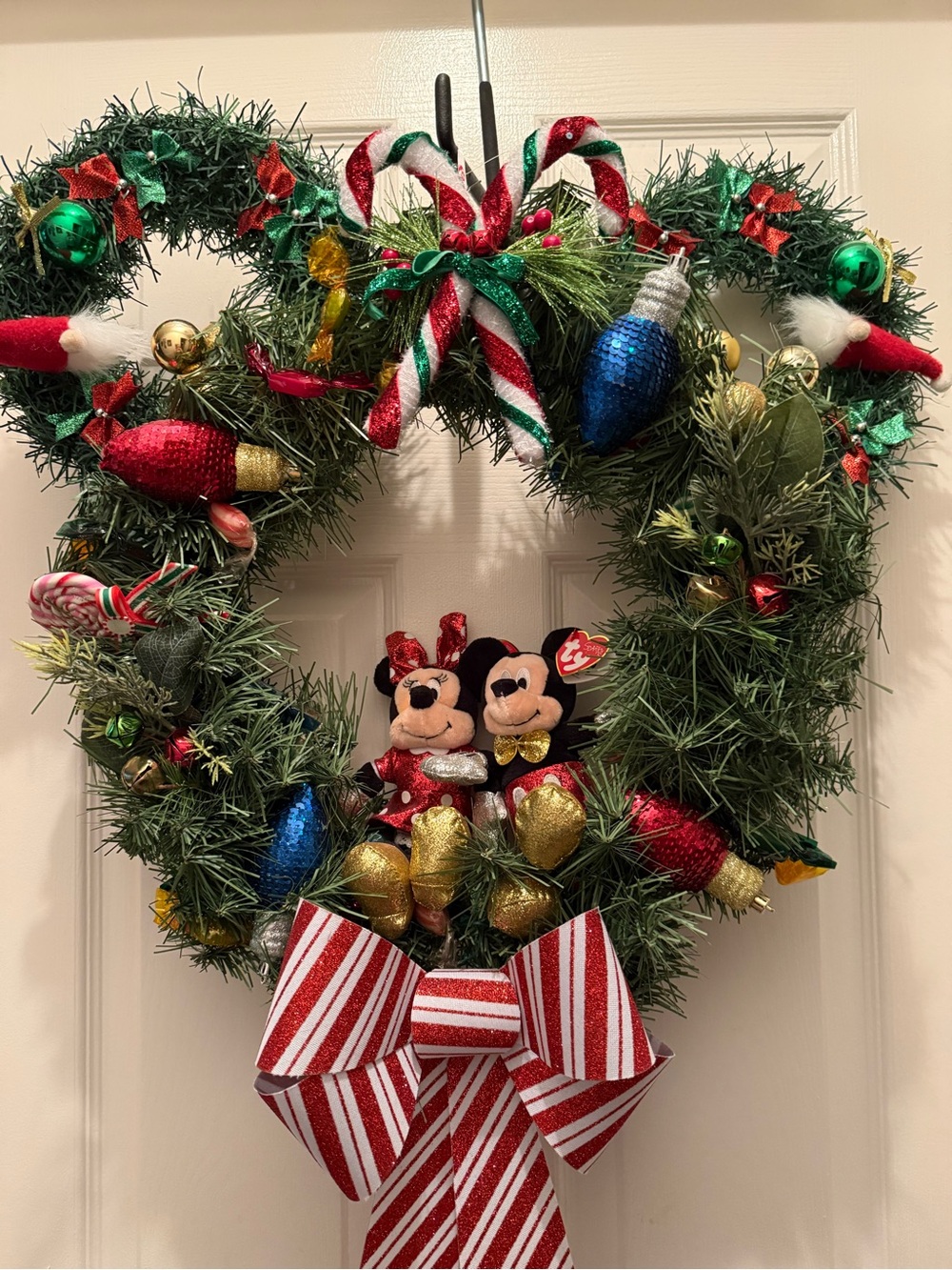 Disney-Inspired Green Mickey Holiday Wreath with Red & White Bow - Picture 2 of 2